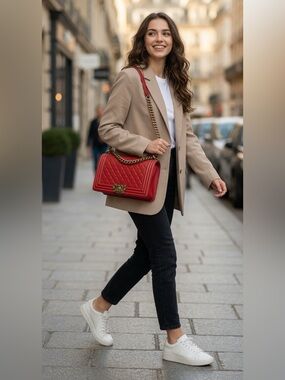 Chanel Boy Red Crinkled Leather Bag Antiqued Gold Hardware Full Set New in Box